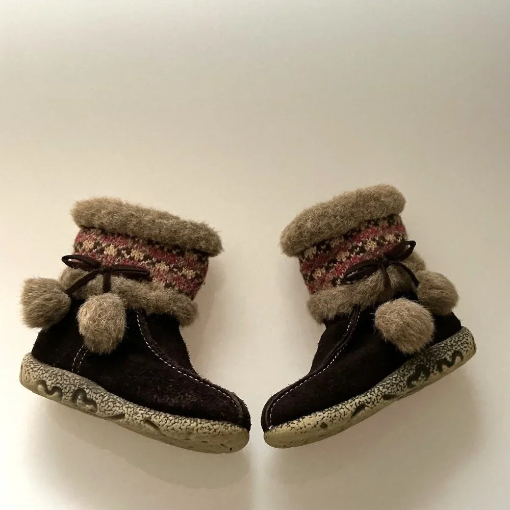 Cherokee Toddler Girls Winter Boots Size 6 Brown Suede Fair Isle Pom -Pom